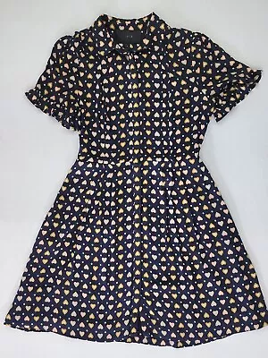 J Crew Dress Women's Size 8 Navy Blue Silk Heart Print Lined W/ Pockets • $52.88