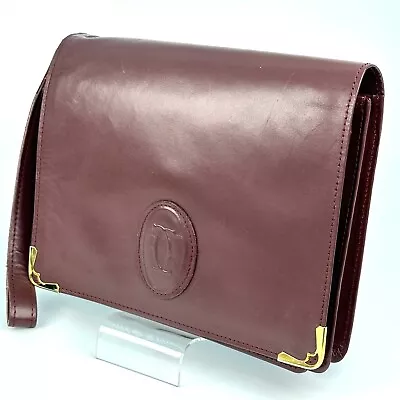 Cartier Clutch Bag Must Line Logo Embossed Leather Bordeaux Good Item Authentic • $80