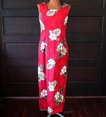 VTG Pacific Legend Hawaii Made Red Hibiscus Floral Tropical Cotton Maxi Dress M • $24.95
