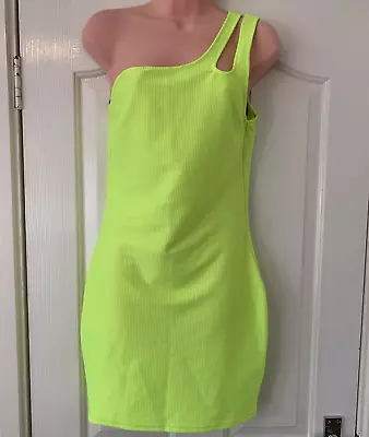 H&M Divided Women's  Ribbed Cut Out One Shoulder Mini Dress Size M Neon Green • £8.99