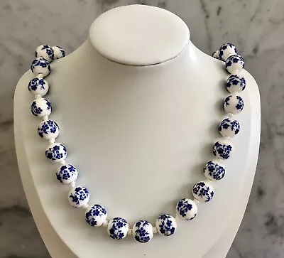 Ceramic Bead Blue Flowers Necklace Individual Knotted Magnetic Clasp 20    • $5