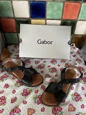 GABOR RICH Ladies Black Leather Low Wedge Strappy Sandals Size 5.5 G • £25