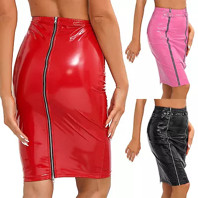 Women's Shiny PVC Leather Metal Buckle Skirt Latex Zipper Bodycon Pencil Skirts • $6.43