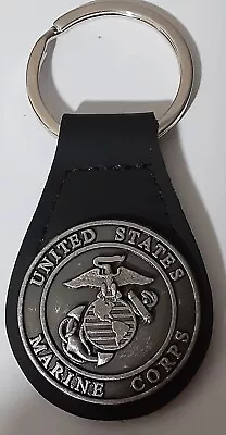 US Marines Key Chain Black Genuine Leather Distressed Silver Metal Made In USA • $17.99