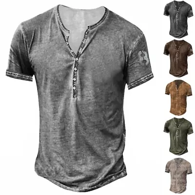 £12.99 • Buy Mens Summer Henley Casual Tee Tops Short Sleeve V Neck Holiday Pullover T Shirt