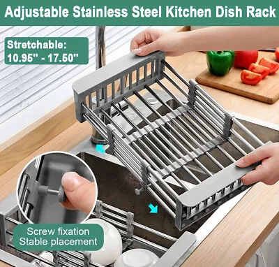 Kitchen Expandable Stainless Steel Dish Rack Adjustable Dish Drying Rack Sink US • $14.89