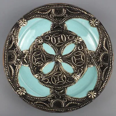 Moroccan Ceramic Art Plate Robin Egg Blue Metal Filigree Handmade Fine Quality • $74.95