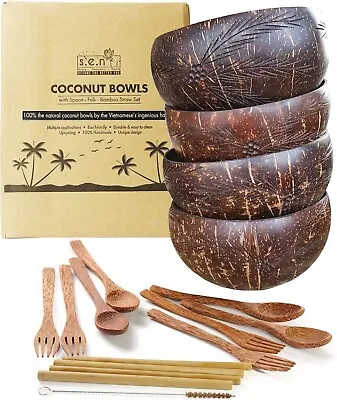 Set Of 4 Coconut Bowls With Spoons Forks Straws And Brush Smoothie Vegan Bu • $16.99