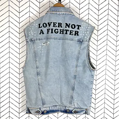 Divided H&M Men's Denim Vest Size XS NWT Blue Lover Not A Fighter Distressed • $39