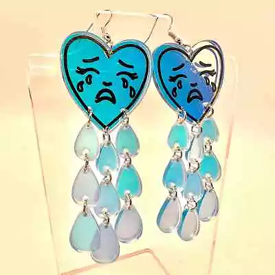 “Sad” Earrings - Mood Earrings - Rain Earrings - Heart Earring - Novelty Earring • $12.49