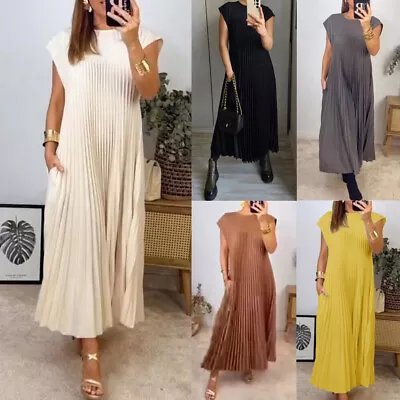 Womens Summer Beach Pocket Dress Party Holiday Pleated Maxi Dresses Plus Size / • $16.49