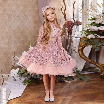 Fashion Sequins Flower Girls Long Sleeves Wedding Kid Pageant Bridesmaid Party • $89.90