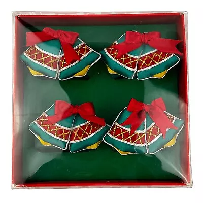 Vintage Christmas Napkin Rings Green Red Bells Boxed Set Of 4 • $11