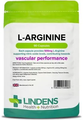 £8.19 • Buy L-Arginine 500mg 90 Capsules For Muscle Growth Nitric Oxide  Amino Acid Lindens