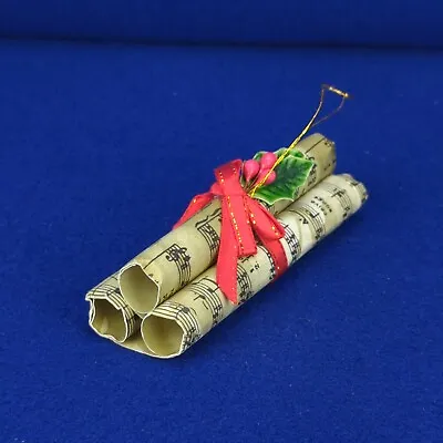 Vintage 1980s Sheet Music Roll Christmas Ornament Wrapped Red Holly Retro Xmas • $10.97