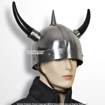 Medieval Norse Viking Warrior Helmet With Horns Spike 20G Steel LARP Cosplay • $59.98