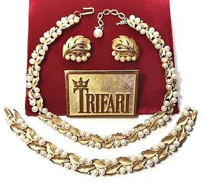 Vintage Signed Trifari Gold And Pearls Necklace Bracelet And Earrings-Rare Set • $122.50