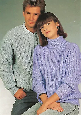 Knitting Pattern Mens Ladies Rib Sweater Crew Polo Neck Raglan Jumper 32 - 42 DK • £2.15