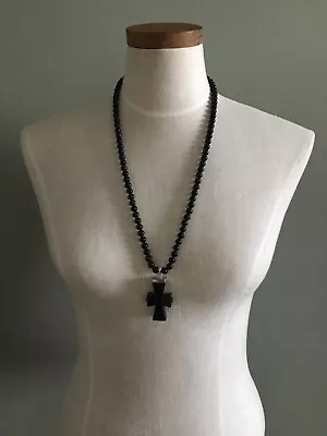 Vintage MMA Metropolitan Museum Art Sterling & Black Agate Beaded Cross Necklace • $124.99