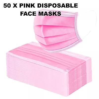 50 X Pink Face Masks 3Ply Mouth & Nose Protection Premium Quality Mask Seller UK • £3.49