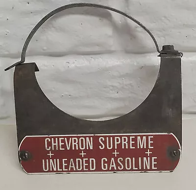 Vintage CHEVRON SUPREME UNLEADED GASOLINE  Porcelain Gas Tag With BRACKET • $65