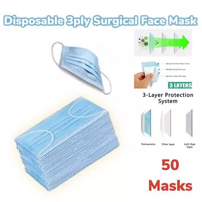 50 X PPE Disposable Masks 3ply Dust Face Covering Mouth Mask Ear Loop • £19.99