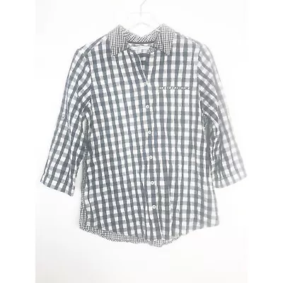 Foxcroft Button Up Shirt Womens 8 Black White Gingham Plaid Roll Tab Sleeve Top • £14.20