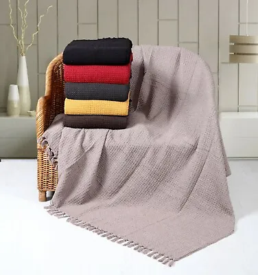 LUXURY WAFFLE (Honeycomb) BLANKET 100% COTTON WOVEN TRAVEL THROW SOFA BED WARM • £8.95