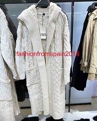 $121.99 • Buy Zara New Woman Hooded Long Cable-knit Coat Ecru S,m,l 3653/108