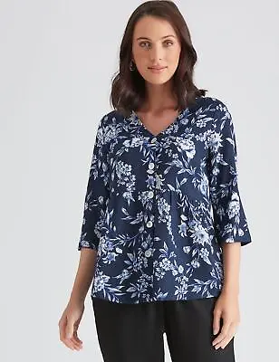 KATIES - Womens Summer Tops - Blue Blouse / Shirt - Linen - Floral - Casual • £16.31