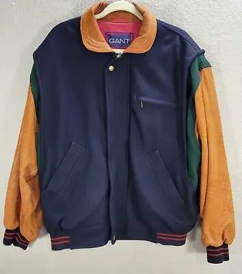 $64.99 • Buy Vtg Men's Gant Leather Wool Rayon Varsity Jacket Bomber Colorblock Zip Up Sz L