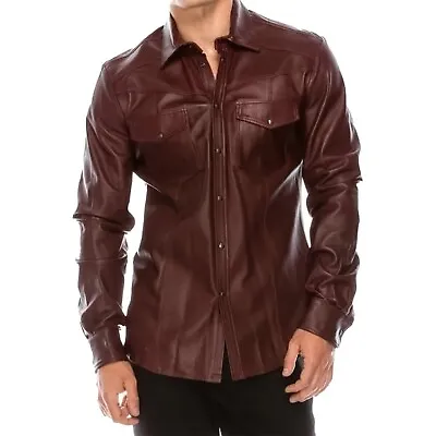 Men's Genuine Lambskin Real Leather Shirt Slim Fit Burgundy Full Sleeve Shirt • $118.99