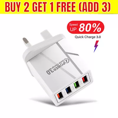 4 Multi Port Fast Quick Charge USB Hub Mains Wall Charger Adapter UK Plug White • £4.59