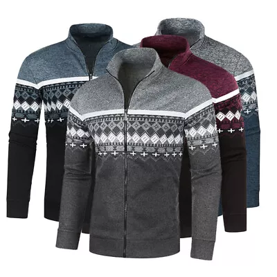 Men Knitted Cardigan Jacket Pullover Zip Up Jumper Warm Thermo Fleece Lined Tops • £12.99