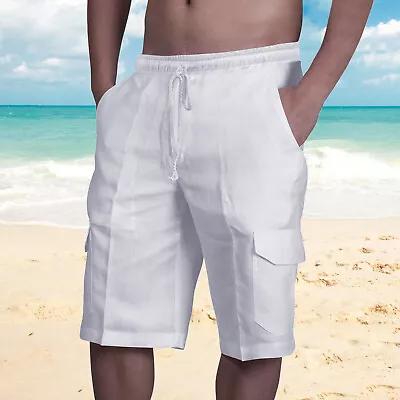 Mens Summer Beach Loose Cotton Linen Shorts Drawstring Elasticated Short Pants • $19.56