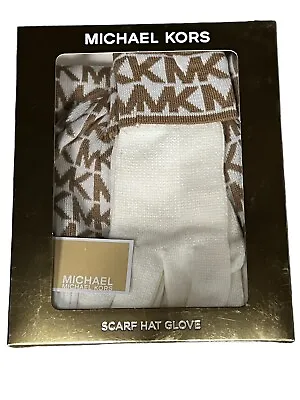 MICHAEL KORS Scarf Hat Gloves 3 Pcs Gift Set White/Camel/ Metallic Gold $148 • $59.99