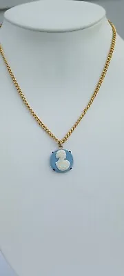 Vintage Wedgewood Blue Cameo Faux Jasperware Resin Gold Tone Necklace Box Clasp • $17.87