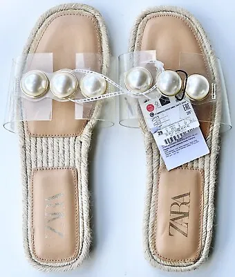 $58.99 • Buy Zara Abierto Women’s Tan/Nude/Beige Pearl Flat Sandals Slides Size 8 Brand New