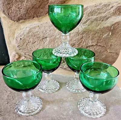 VTG. Anchor Hocking 5 Emerald Green Bubble Footed Wine/Champagne/Sherbet Glasses • $32.50