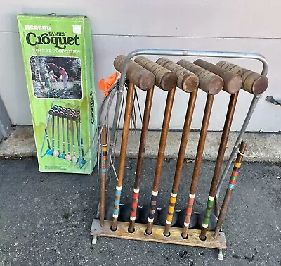Vintage REGENT Wood Croquet Set Pegs Hoops Balls Mallets Balls Stand Lawn Game • $49.99