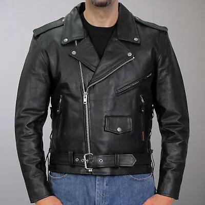 Classic Motorcycle Jacket Solid Genuine Cowhide Leather - Black - Sizes M To 3XL • $114.52