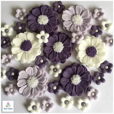 30 Purple Lilac & White  Edible Fondant Flowers Cake Toppers Birthday Wedding • £5.99