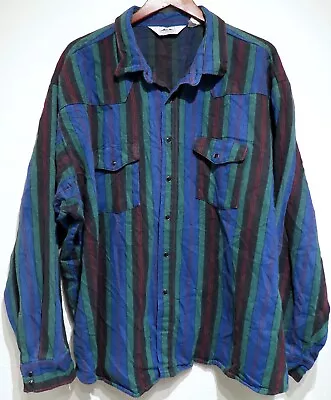 Vtg Dakota BLUE BLACK GREEN STRIPED FLANNEL Western Shirt 4XL Thick 90s Cowboy • $27