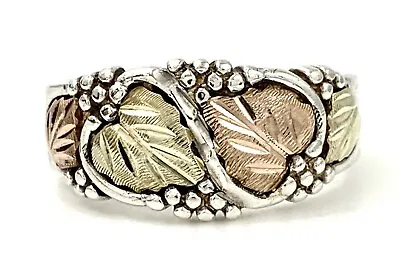Vintage Sterling Silver 12k Black Hills Gold Tri Color Leaves Band Ring Sz 8.75 • $110