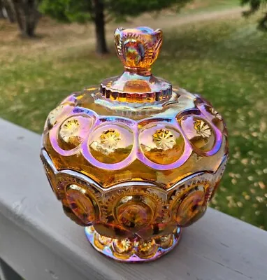 Carnival Moon And Star Glass Amber Iridescent Medium Compote Candy Dish • $99.99