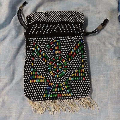 Vintage 70s Rainbow White Beaded Fringed Drawstring Purse Bag Hobo Bag • $14.95