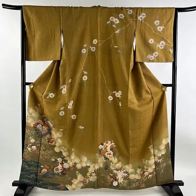 Japanese Silk Kimono Houmongi Gold Peony Flower Circle Foil Yellow Brown 64  • £162.64