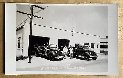 1950 RPPC New Fire Station With 1930’s Ford Hook & Ladders At Roanoke Illinois • $14.99