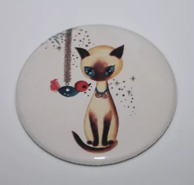 SIAMESE CAT MAGNET Or PIN BUTTON Christmas Kitten With Bird Vintage Style Art • $3.89