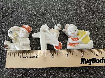 3 Vintage Boy And Girl With Flowers Wheelbarrow Figurines Ceramic Made In Japan • $4.49